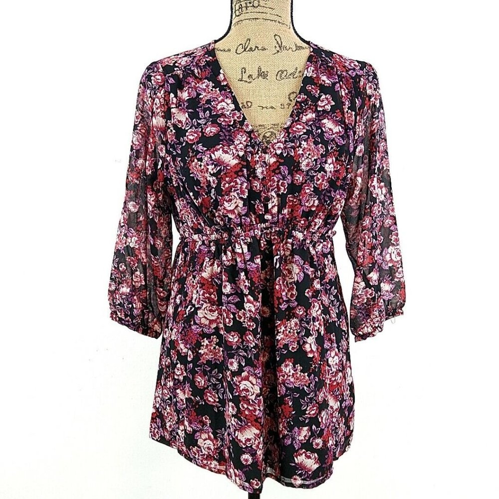 NWT Isabel Maternity Womens sz S Top Pink Floral V Neck Belted Button Up